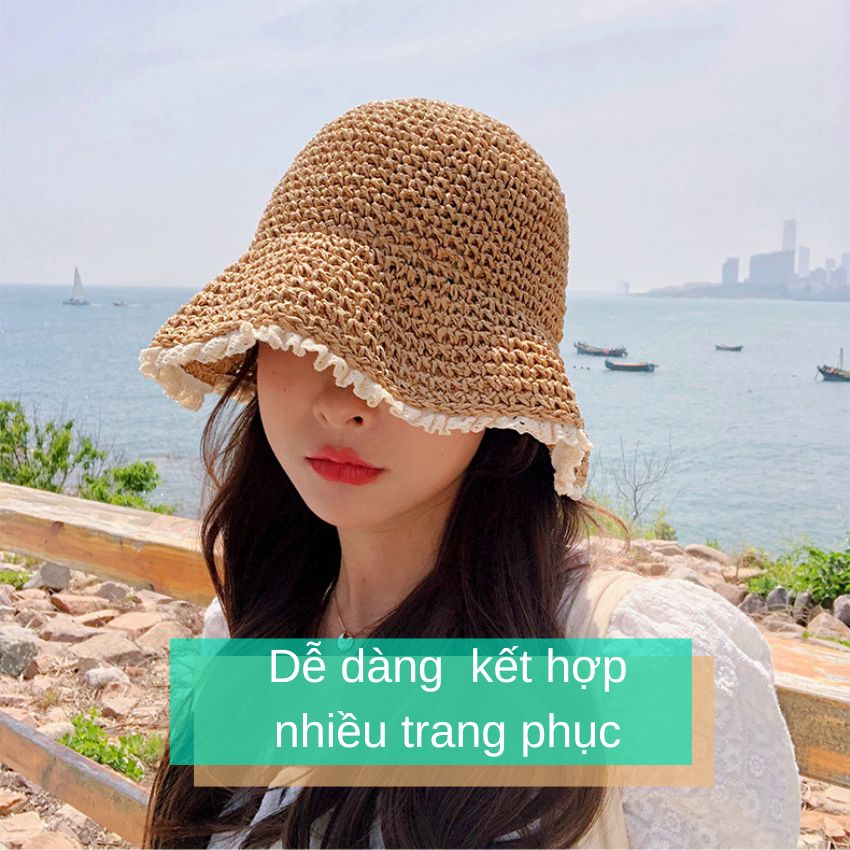 Mũ Bucket cói mềm viền ren nữ tính