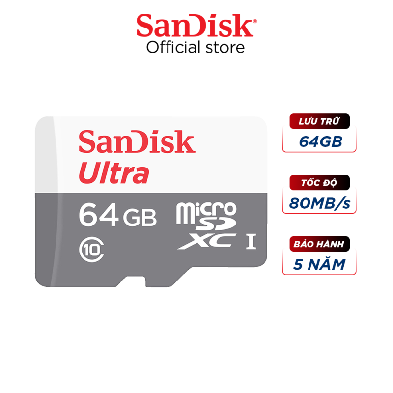 Thẻ nhớ micro SDXC Sandisk 64GB upto 100MB/s 533X Ultra UHS-I - hãng phân phối chính thứcvới tốc độ cao, sản phẩm cho phép bạn chụp ảnh chất lượng cao và quay video full HD rất mượt