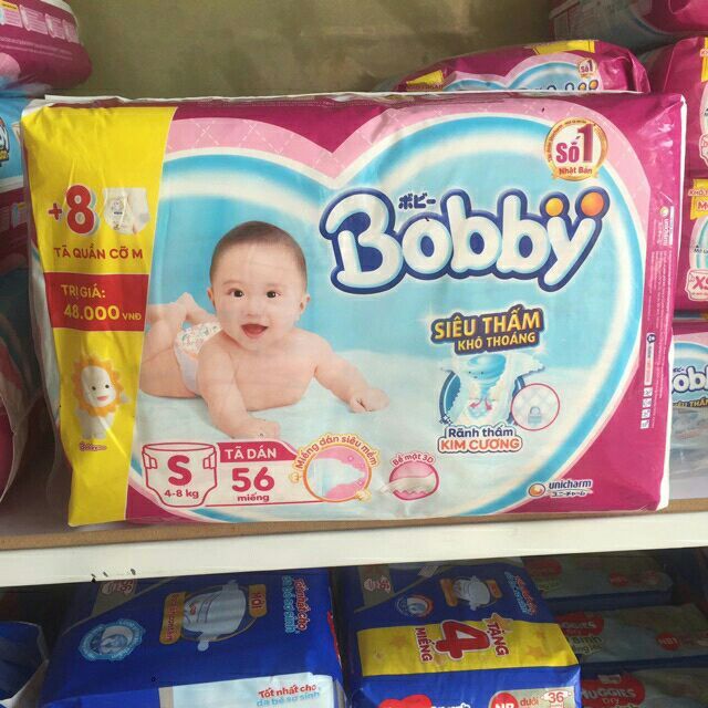 TPHCM - [Tặng thêm 8 miếng tã quần size M] Tã Bỉm Dán Bobby Sơ Sinh S56 (56 Miếng) cho bé 4-8kg