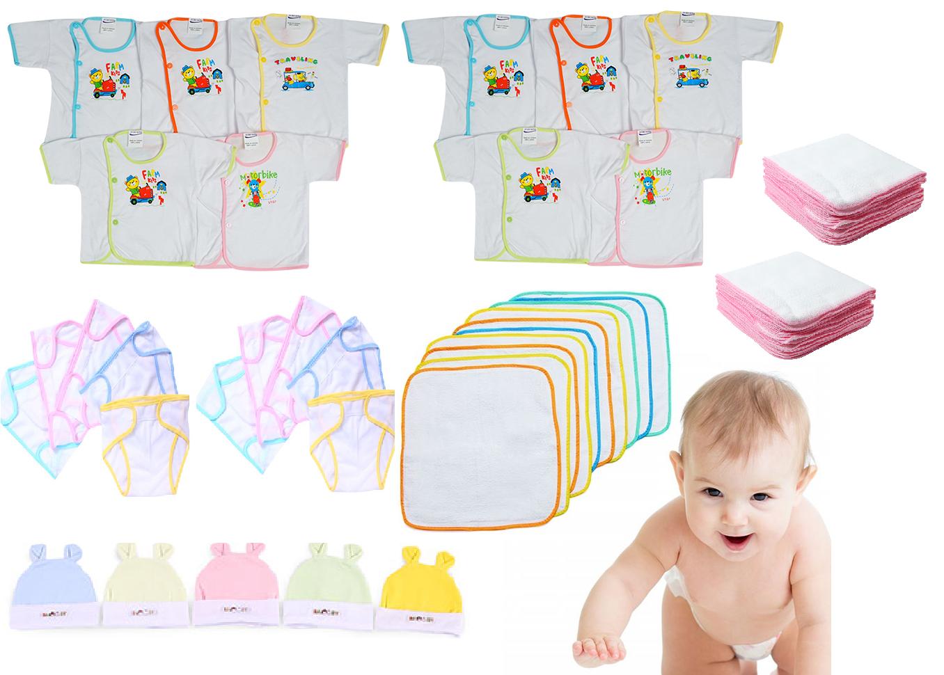 [tặng vòng dâu tằm ] combo 55 món sơ sinh cho bé( 10 áo viền nút bên + 10 tã dán + 10 tã lót + 5 nón + 20 khăn sữa)