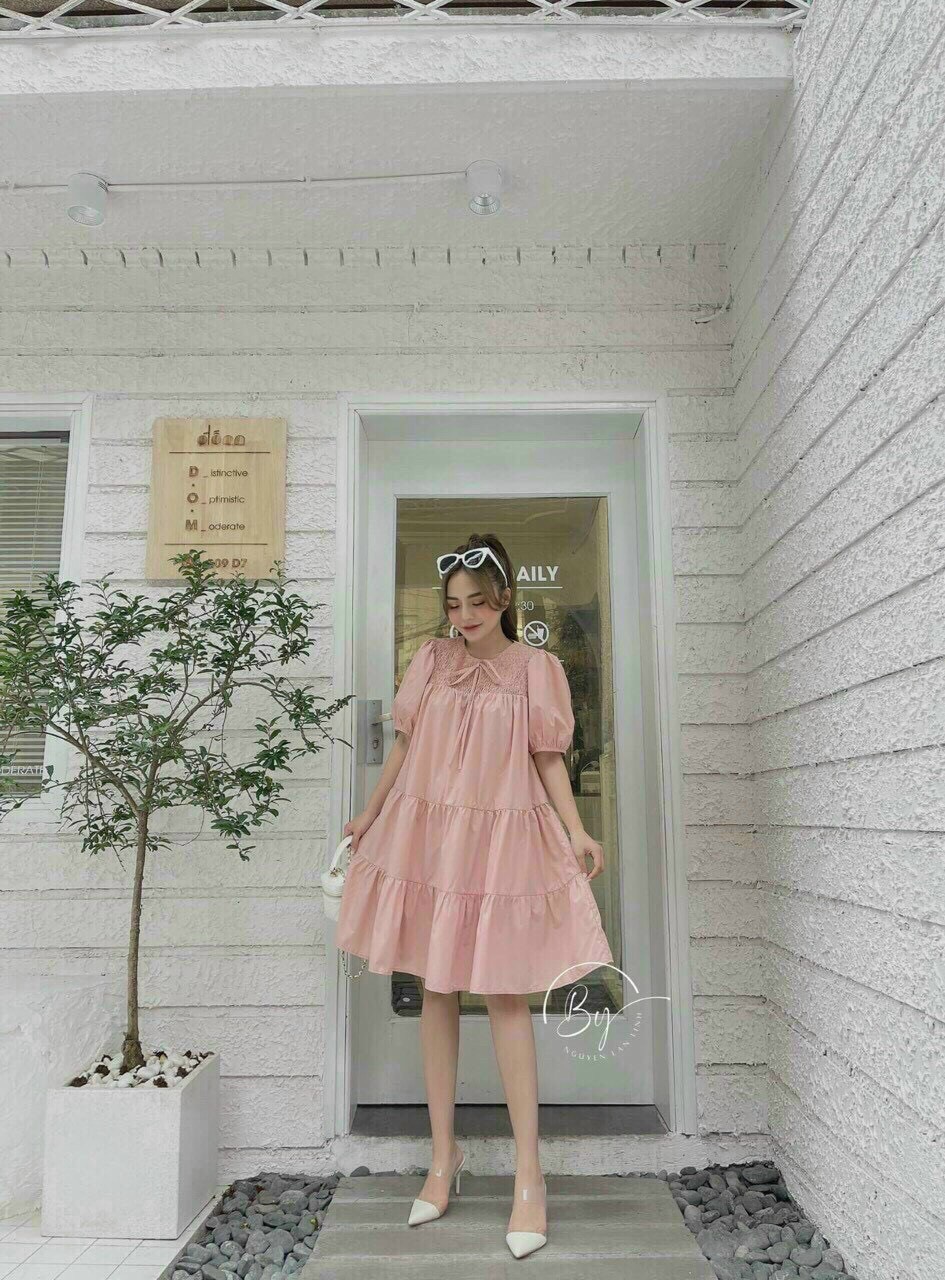 Đầm Babydoll Hồng Cột Nơ Tay Phồng