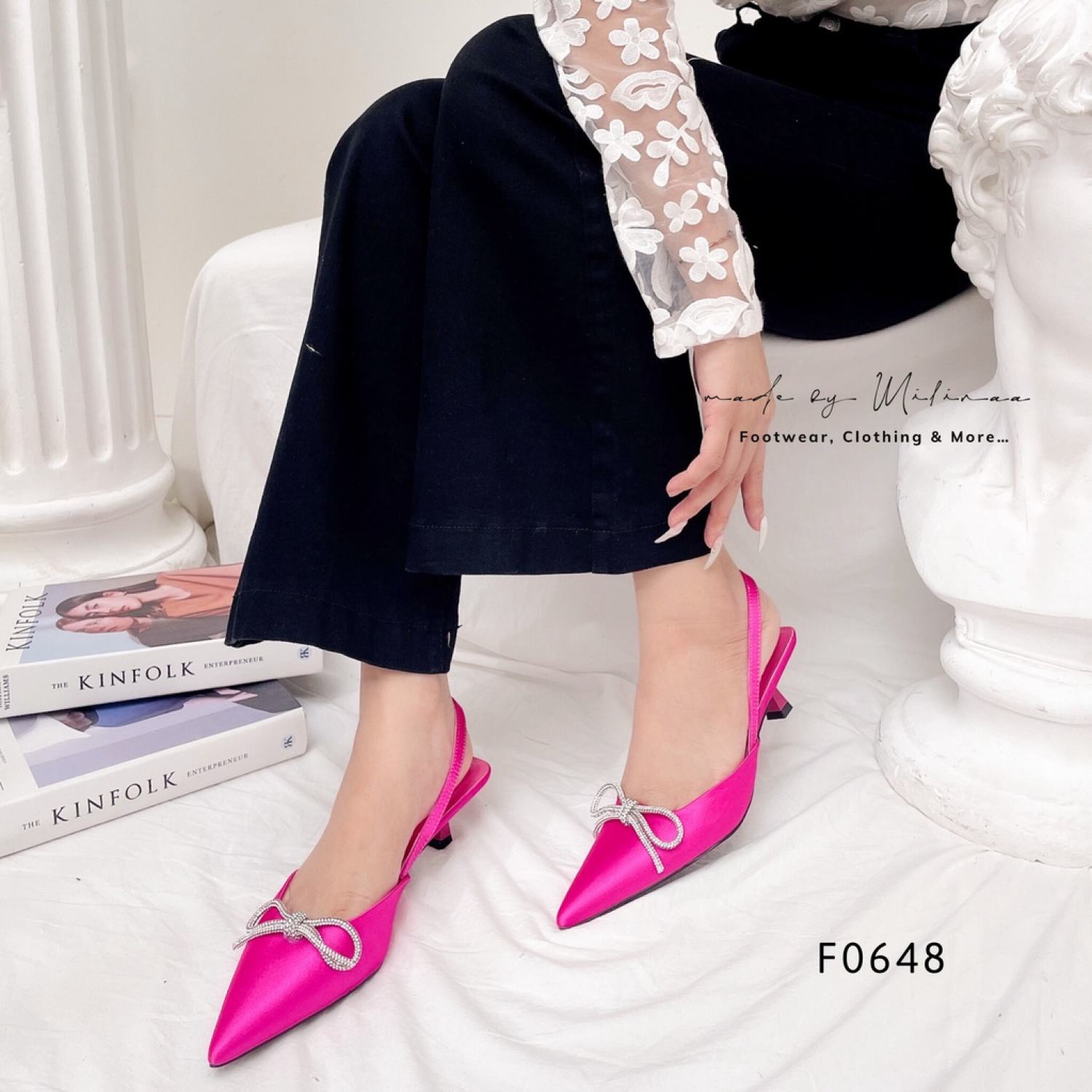 Giày cao gót nữ slingback gót nhọn 3p bít mũi nơ xoàn hở gót f0648