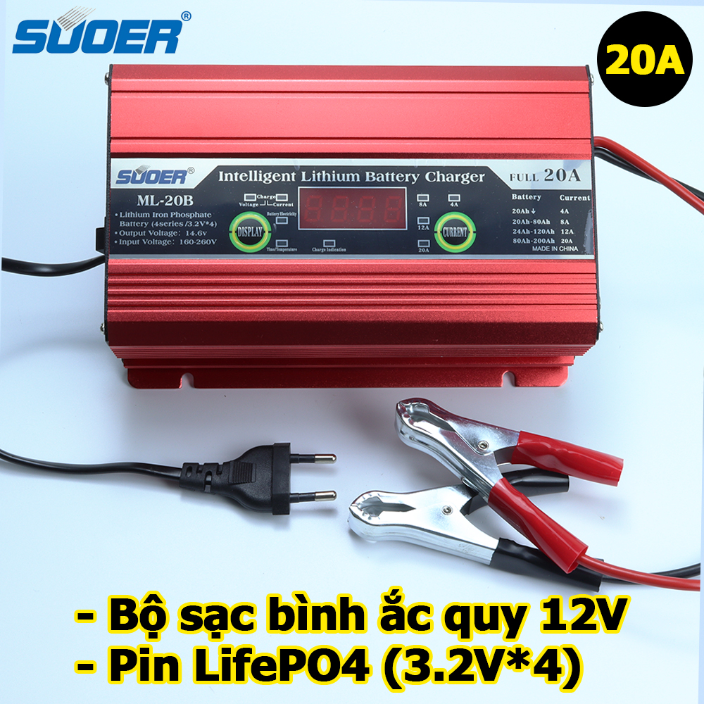 Bộ sạc pin sắt bình ắc quy thông minh suoer ml-20b 20a cho ắc quy axít chì 12v pin lifepo4 4s 12.8v 14.6v