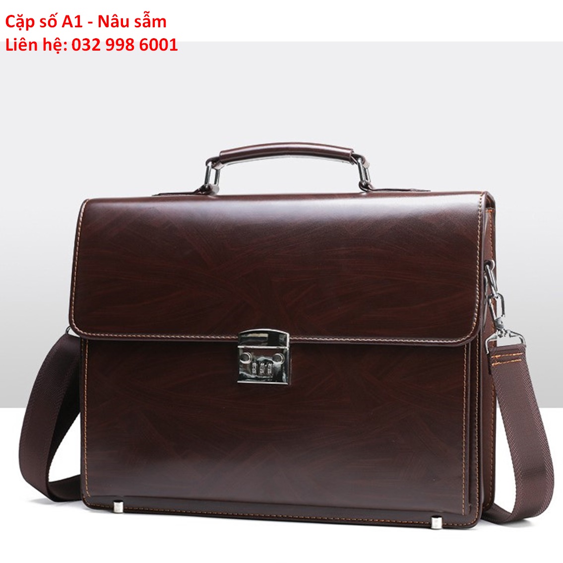 Cặp da khóa số công sở đựng laptop mã A 38x29x9cm (Nâu sáng - Nâu đậm)