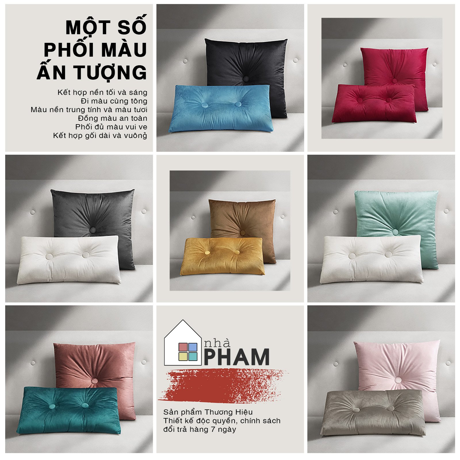 Gối Sofa Trang Trí VELVET PHAM, Vải Nhung, (45x45cm) và (30x50cm)