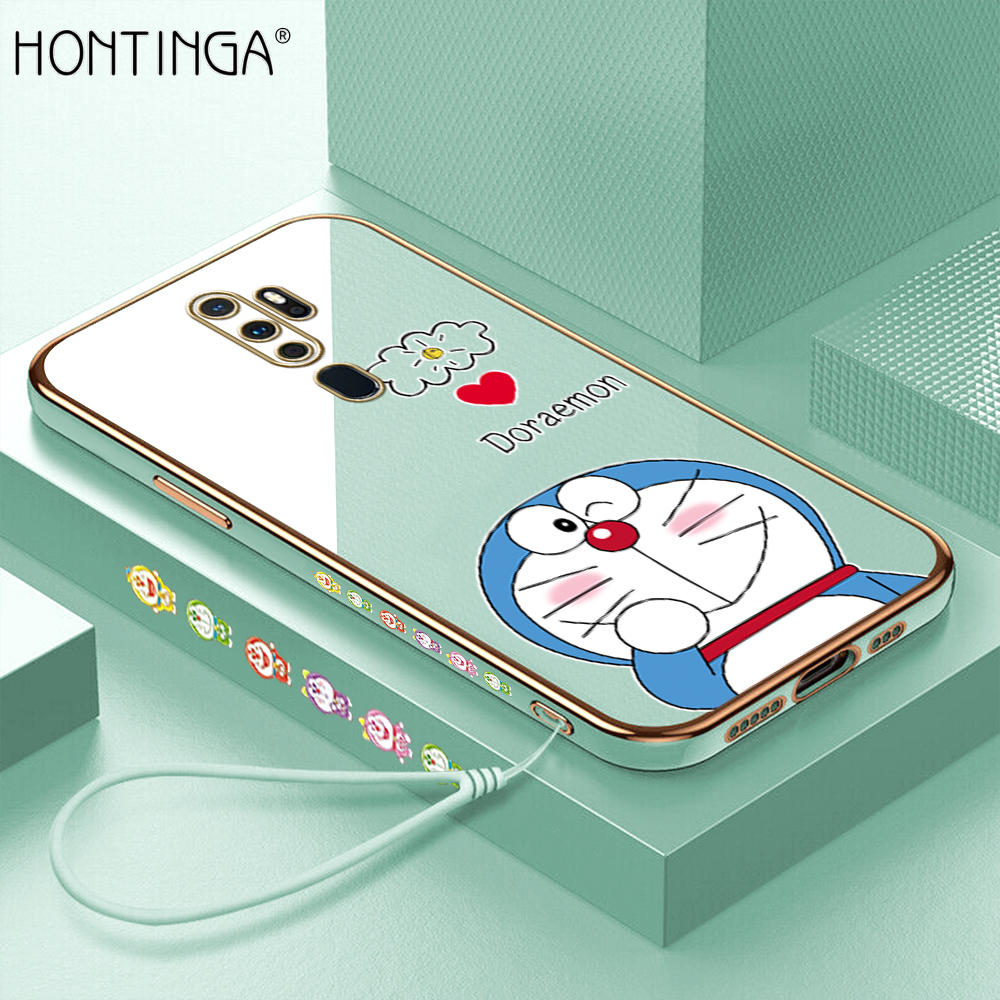 Hontinga Casing Case For OPPO A5 2020 A9 2020 Case Fashion Cartoon Anime Doraemon Luxury Chrome Plated Soft TPU Square Phone Case Full Cover Camera Protection Anti Gores Rubber Cases For Girls