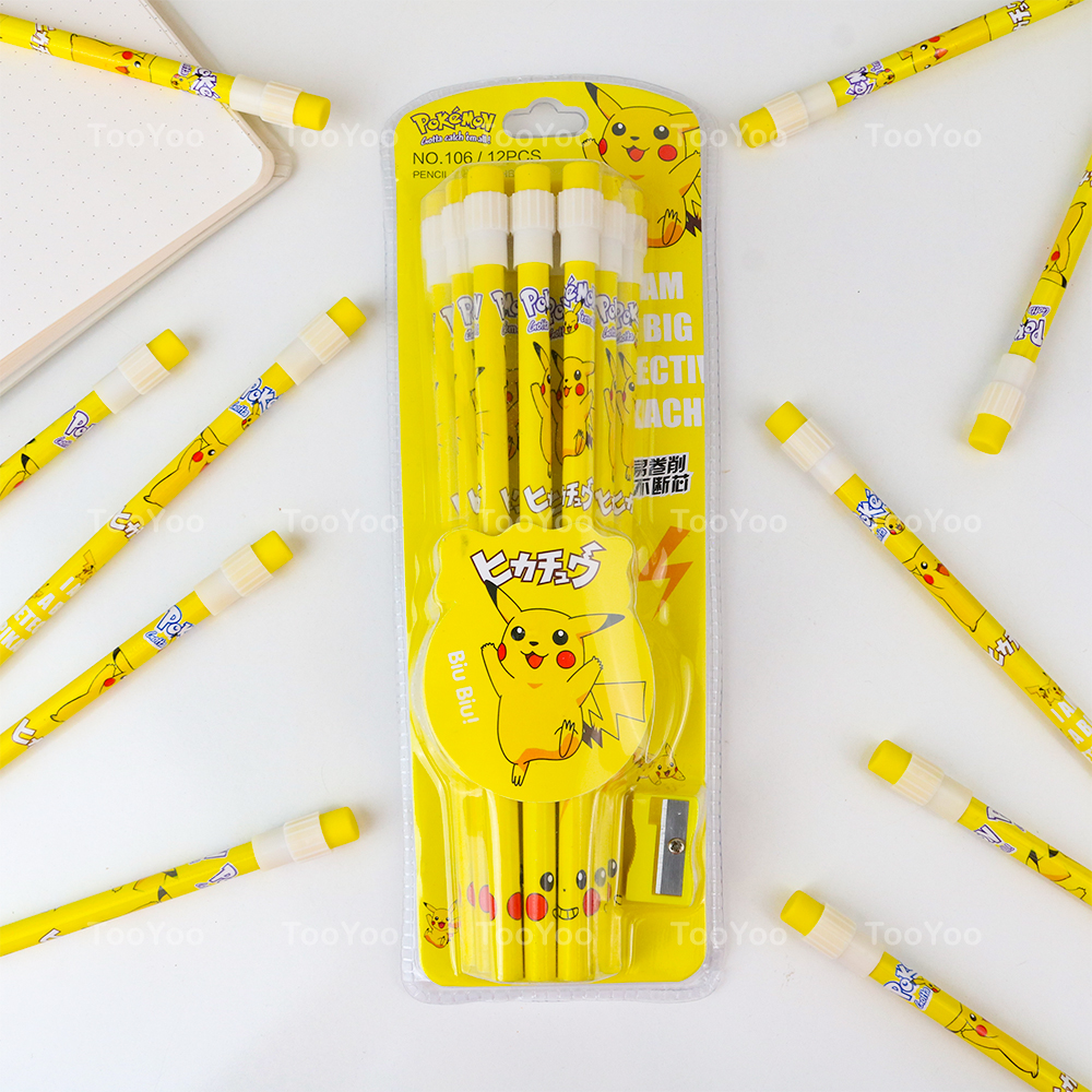 Hộp 12 cây bút chì Pikachu Pokemon tặng kèm chuốt dễ thương cute TooYoo BK00375