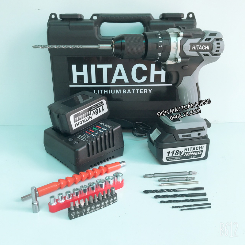 Máy khoan pin Hitachi 118V Động cơ KHÔNG CHỔI THAN Siêu mạnh mẽ KÈM 2 PIN TẶNG 30 CHI TIẾT