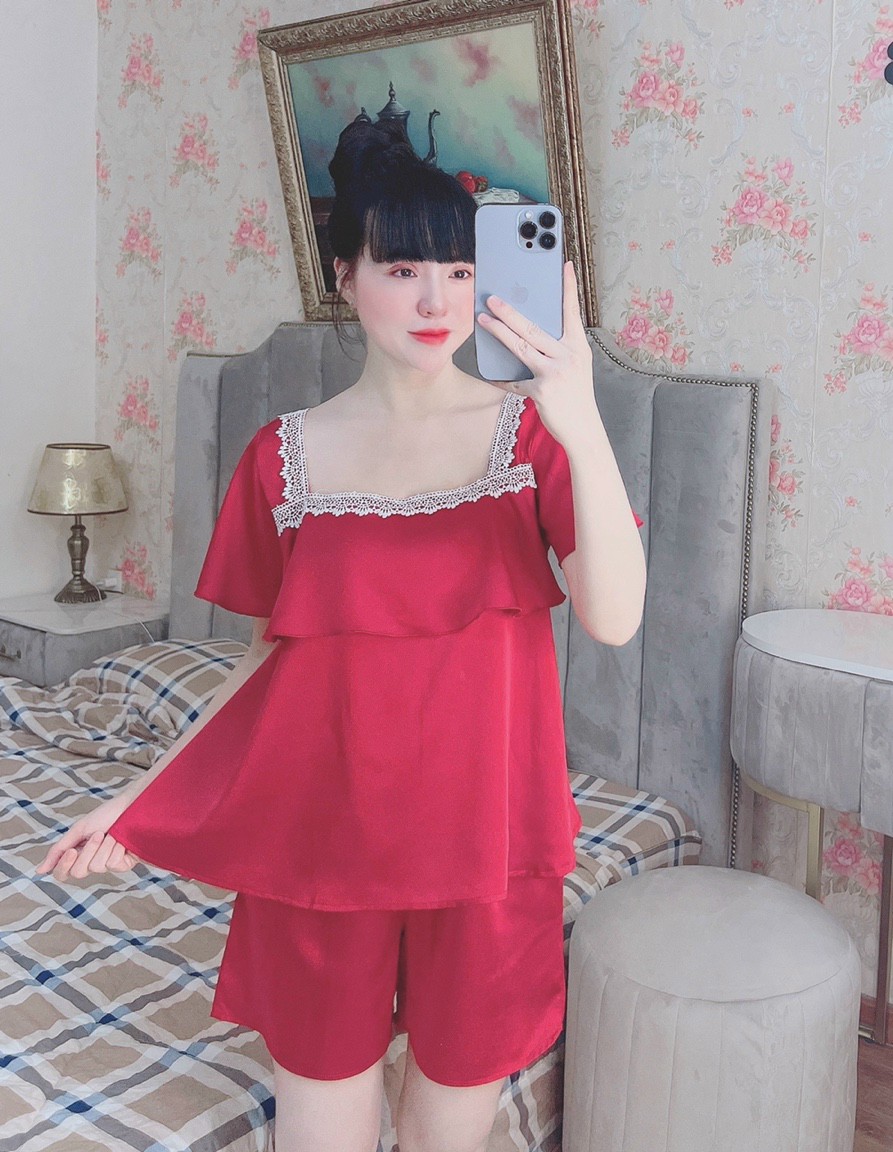 Đồ ngủ sexy- bộ ngủ 2 dây cổ vuông vải satin xịn mịn size 45-65kg -có túi quần