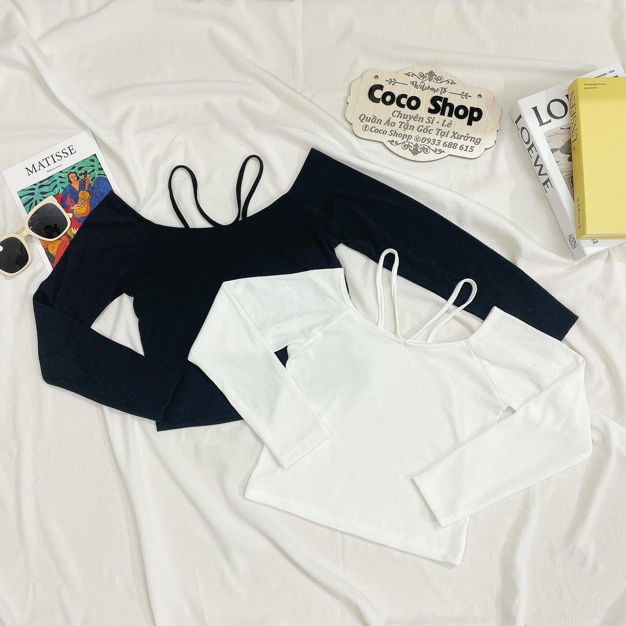 Áo thun croptop trễ vai dây V tay dài Nữ Cổ bẹt vai Women A54