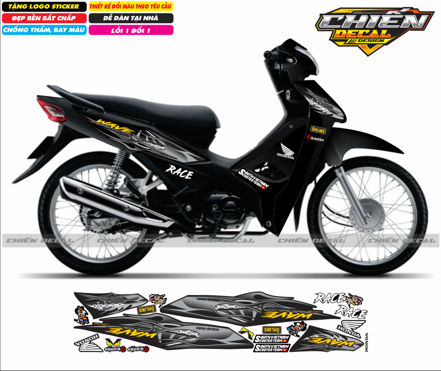 Tem rời xe wave anpha 110cc - 100cc - 50cc chế mẫu tem lửa nhiều màu lựa chọn (tem 3 lớp cao cấp)