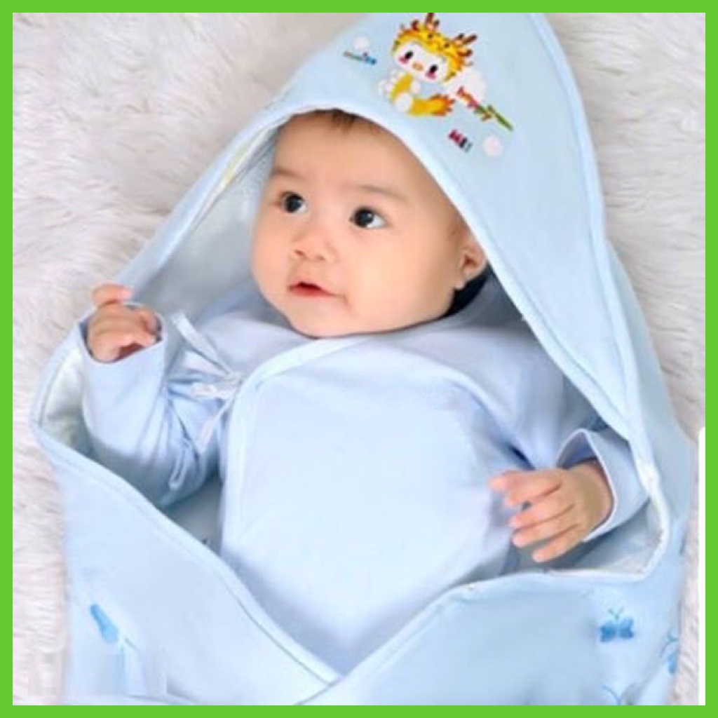 Chăn choàng chăn ủ bé sơ sinh có mũ, chất cotton nhiều màu - C2