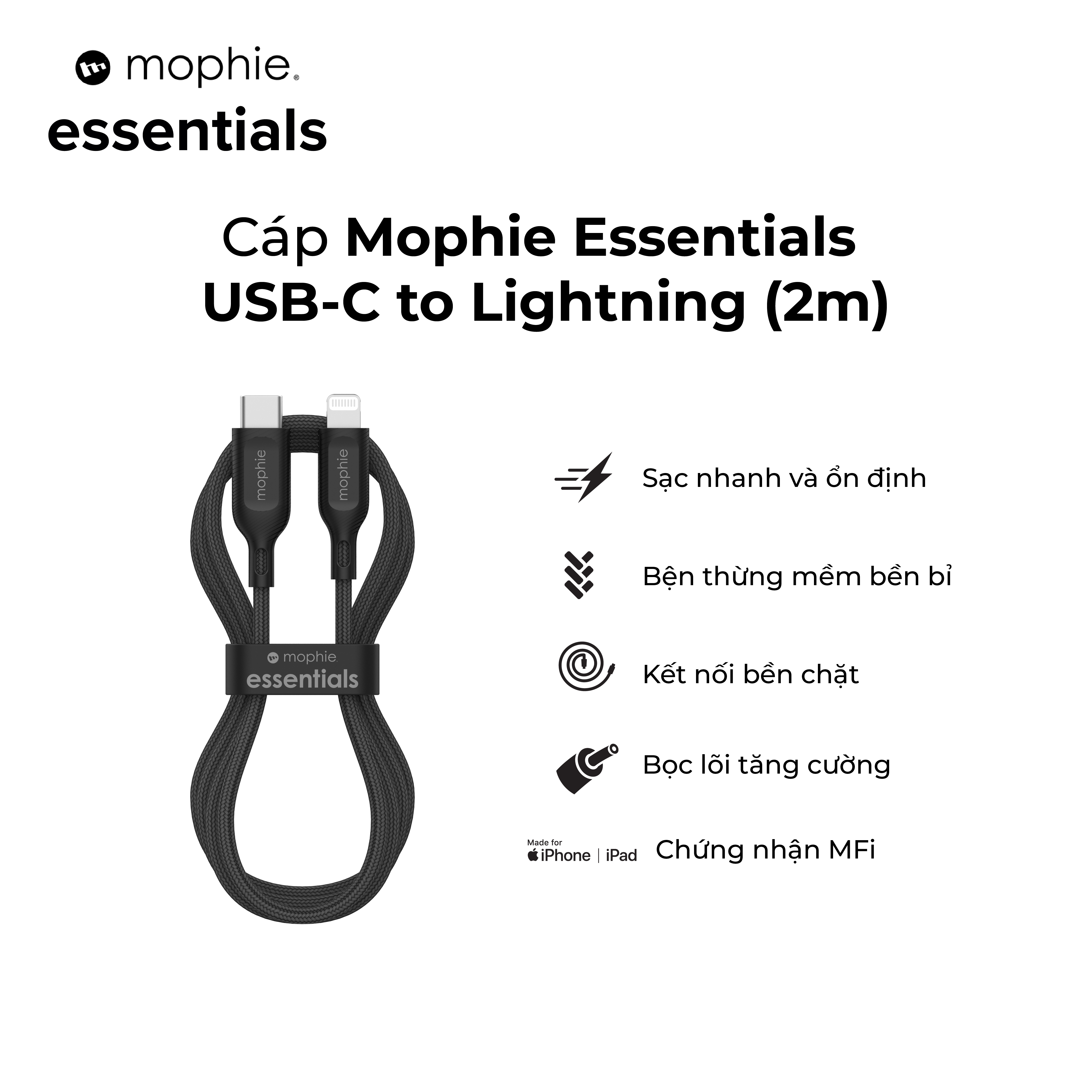 Cáp USB-C to Lightning Mophie Essentials 1M/2M - Đạt chuẩn MFI