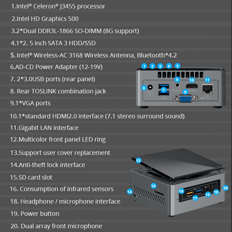 Máy tính mini Intel NUC 6 Celeron J3455 BOXNUC6CAYH(ĐA PHƯƠNG TIỆN TẤT CẢ TRONG 1)