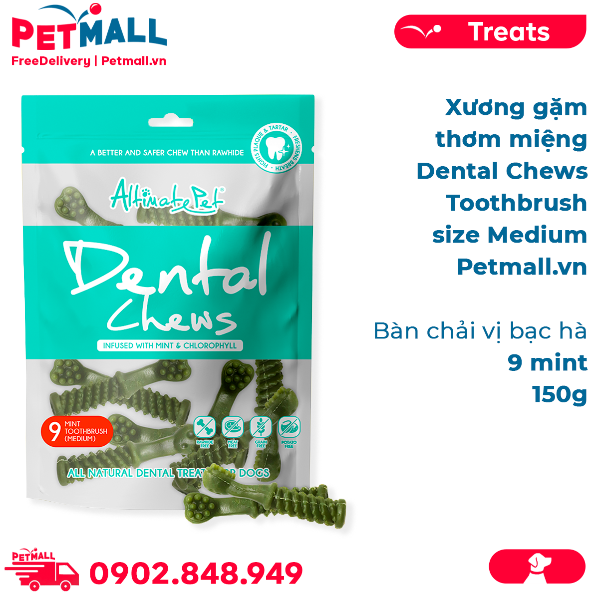 Xương gặm thơm miệng Dental Chews Toothbrush size Medium 150g - 9 Mint - Bàn chải vị bạc hà Petmall