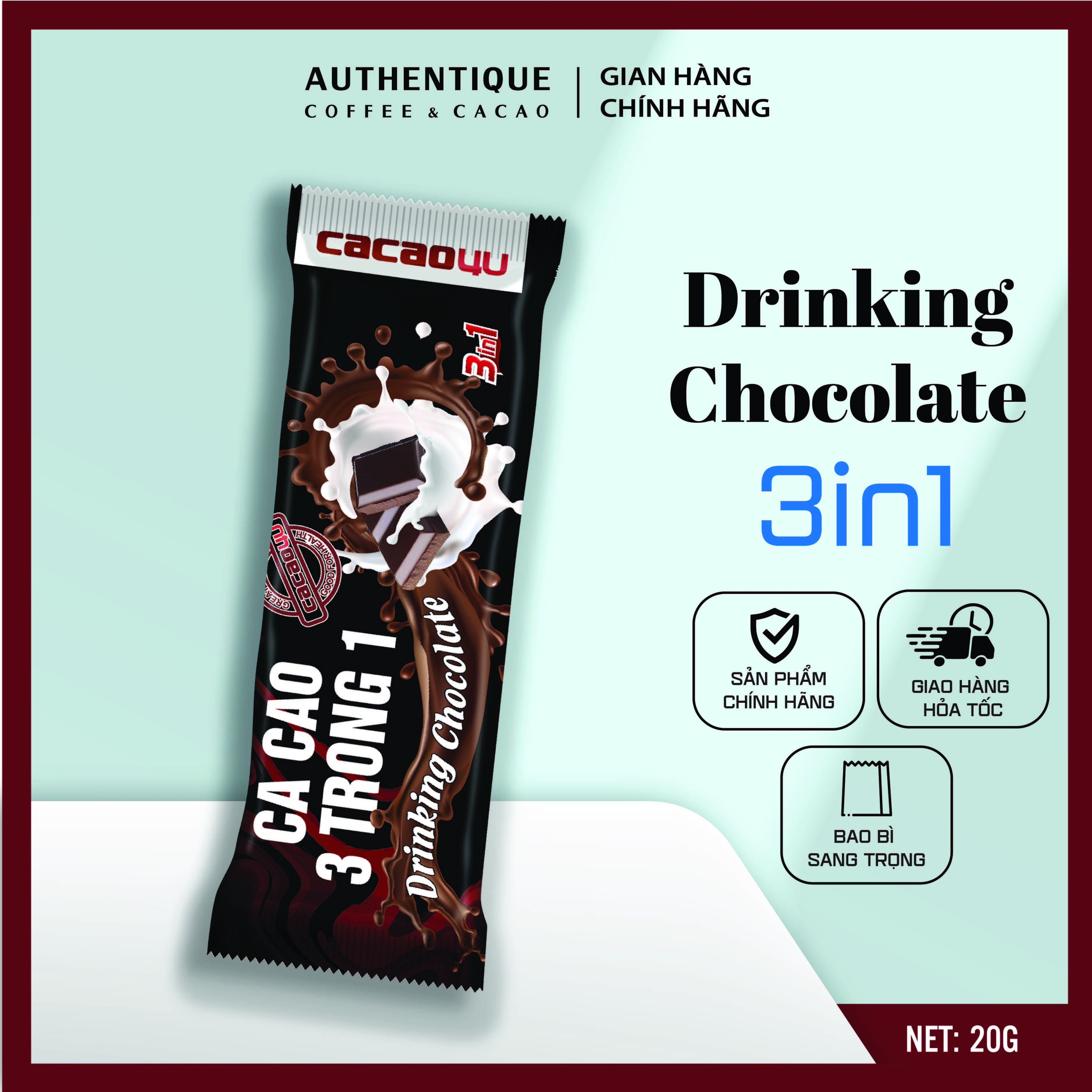 [GÓI LẺ DÙNG THỬ] Bột Cacao sữa Authentique hoà tan 3in1, Drinking Chocolate 22gr