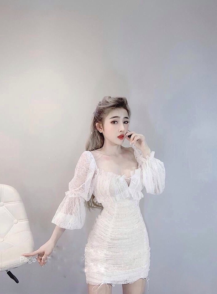 Đầm ôm phối ren nhún 2 lớp thời trang  ( có mút ngực )