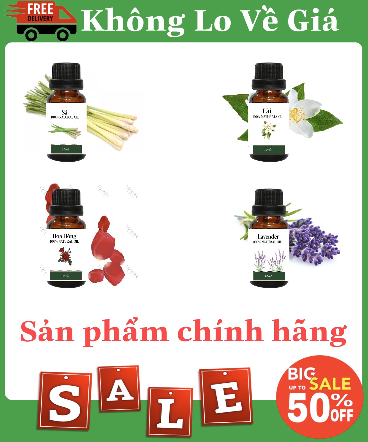 BỘ 4 CHAI TINH DẦU THIÊN NHIÊN, TINH DẦU SẢ, LAVENDER, HOA HỒNG, HOA NHÀI