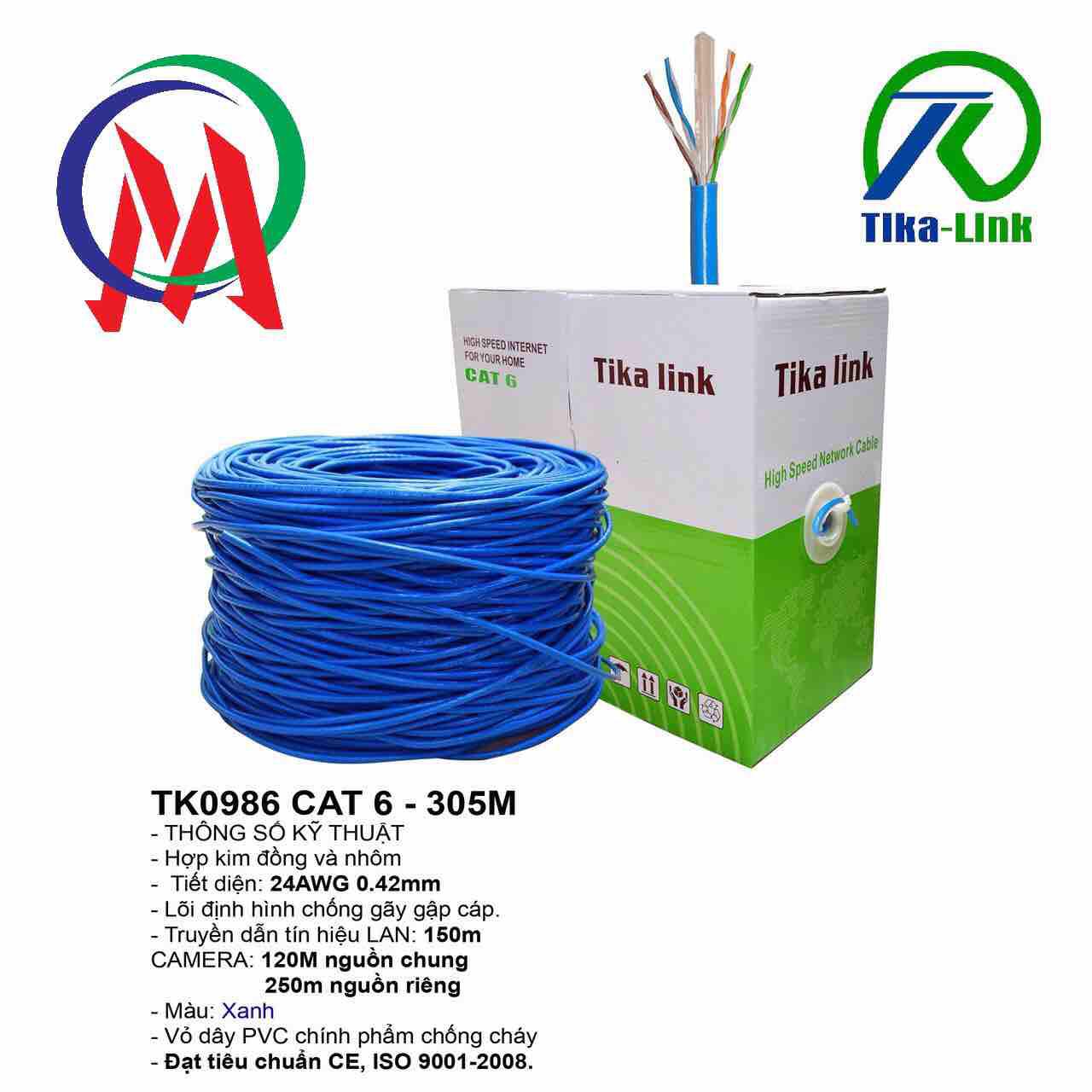 Thùng dây mạng cat6 tika link 0986 full 305m, tiết diện 0.42