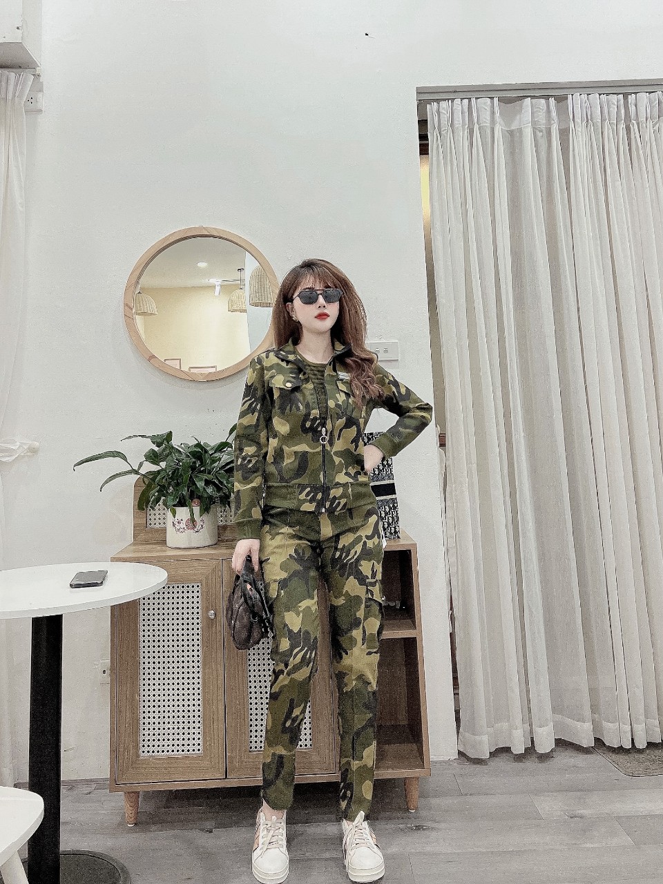 Set lính rằn ri nữ chất kaki (gồm khoác, quần, áo ba lỗ)