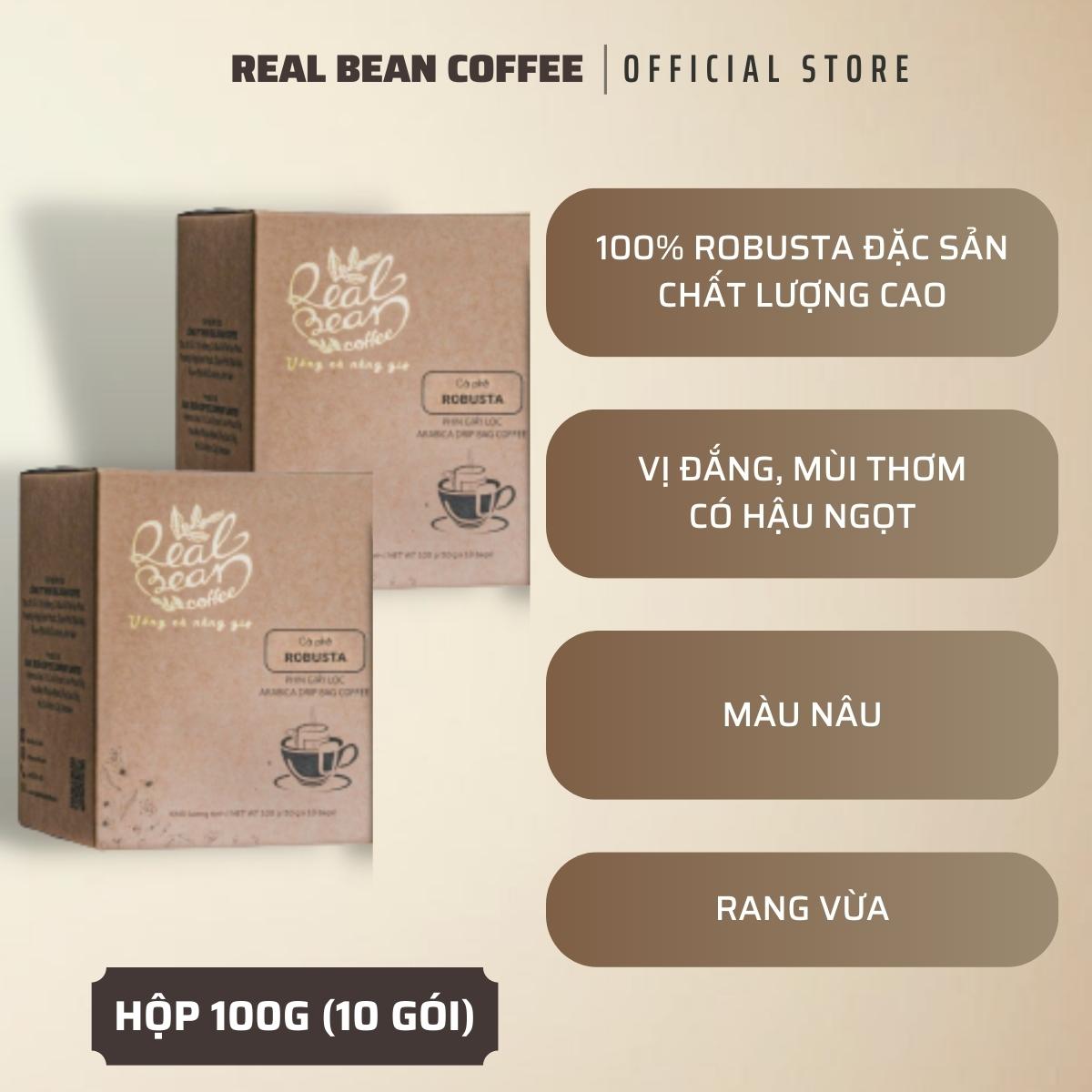 Cà phê phin giấy tiện lợi – Hộp 10 Gói – 100% Rang Mộc – Vị Đậm, Thơm Nồng – REAL BEAN COFFEE