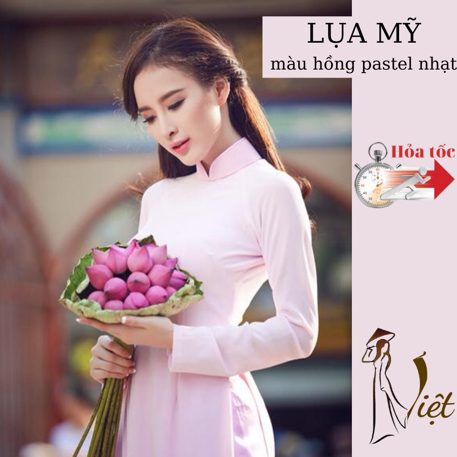 Áo dài màu hồng phấn pastel nhạt trơn truyền thống may sẵn lụa mỹ cao cấp