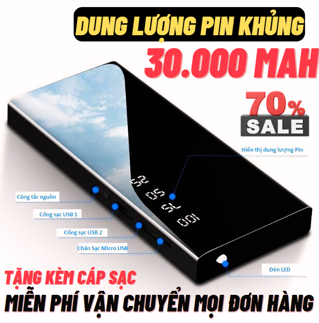 Pin trâu 30000mah - pin sạc dự phòng cao cấp thiết kế màn hình gương - 2 cổng sạc nhanh - sạc dự phòng giá rẻ - pin sạc siêu nhanh siêu trâu pin