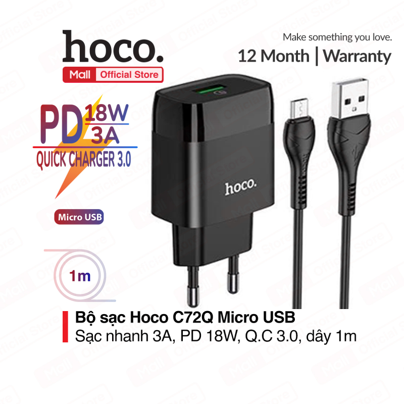 Bộ sạc nhanh Hoco C72Q MIcro USB sạc nhanh 3A PD 18W tương thích với nhiều thiết bị điện thoại Samsung/Xiaomi/Oppo...