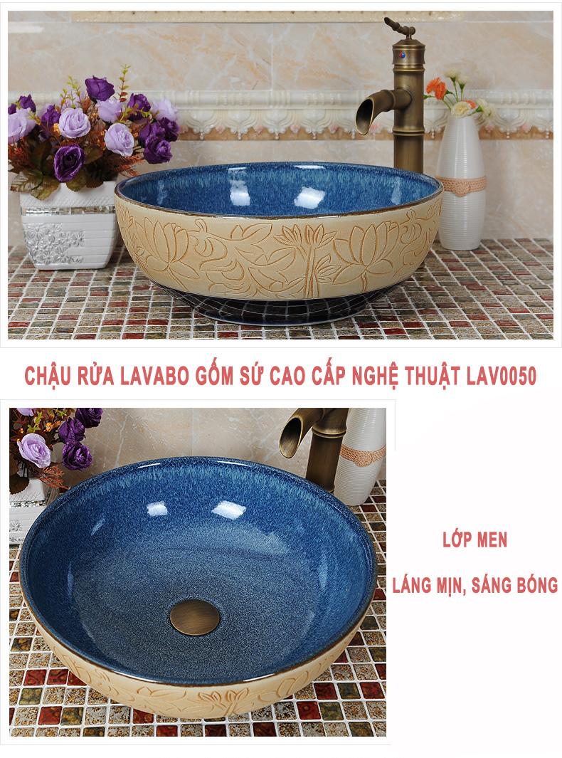 Chậu rửa lavabo gốm sứ nghệ thuật LAV0050 – Họa tiết sen sống động chân thực