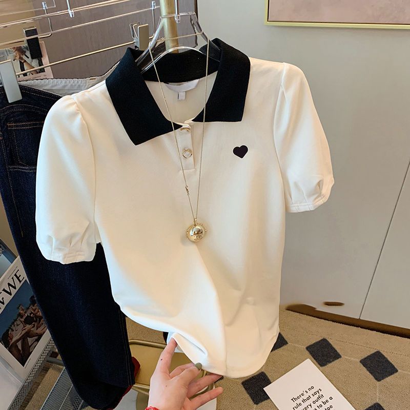 Áo nữ mùa hè cổ áo polo fashion love ống tay phồng áo phông ngắn tay