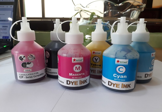 6 màu mực đổ in phun Epson 100ml: Xanh, Đỏ, Vàng, Đen, xanh light, đỏ light. Chai, lọ mực nước Dye Ink bơm nạp hệ thống ngoài máy in phun Epson