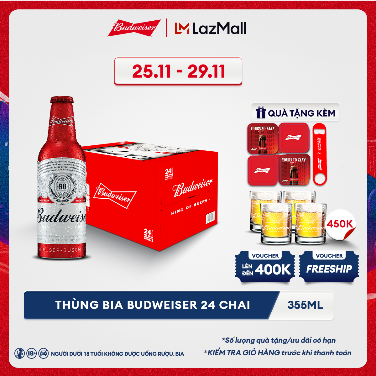 [25.11 - 29.11 VC ĐẾN 400K+FS] Thùng 24 Chai Bia Budweiser Aluminum (355ml/chai)