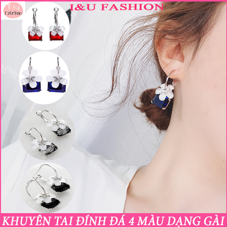 Bông tai hoa tai nữ sang trọng gắn đá nhiều màu ( có chọn màu ) kèm bông hoa nổi bật , độc đáo  dạng gài dễ sử dụng cho nữ KT-70