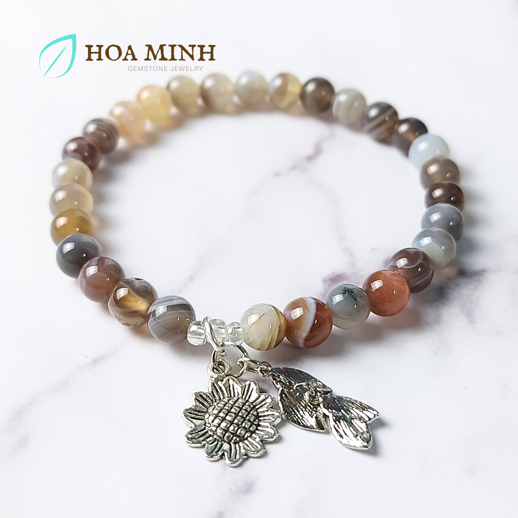 Vòng tay phong thủy Mã Não vân Vỏ Ốc độc đáo size 6 li phối charm hoa hướng dương charm hoa lá dễ thương | Hoa Minh Gem