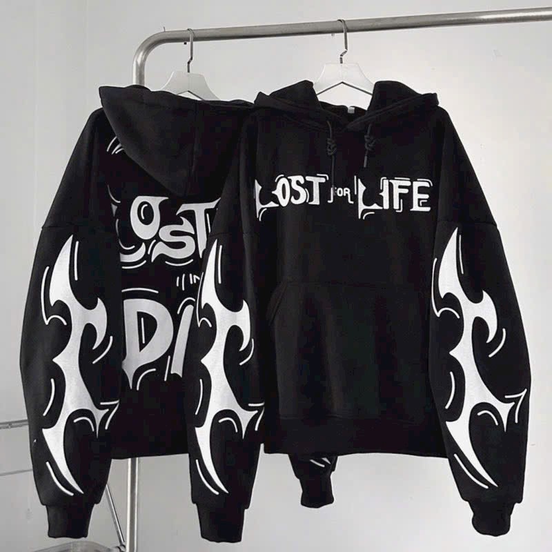Áo hoodie unissex vải nỉ in chữ lost for life nón rộng túi sỏ .at