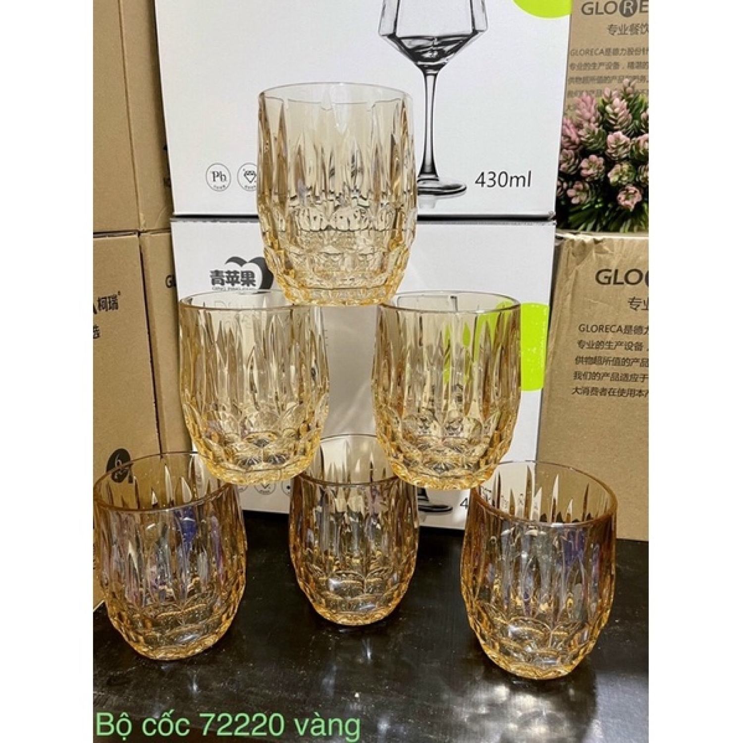 Bộ 6 cốc thuỷ tinh Hongli mẫu mới đẹp sang trọng đủ màu trắng, vàng, xanh chất liệu dày dặn, chịu nhiệt tốt