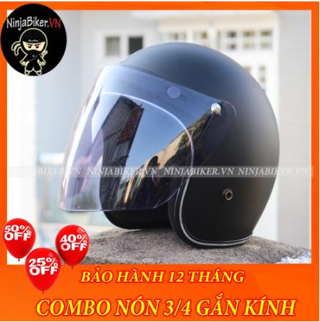 NÓN BẢO HIỂM 3/4 GẮN KÍNH - ĐEN FULL