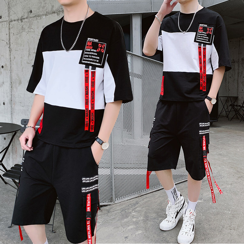 Bộ Quần Áo Thun Nam Mùa Hè Phối Hai Màu Kèm Phối Dây Chữ Cá Tính Thời Trang 4MENHCM SET NAM 9000039CC