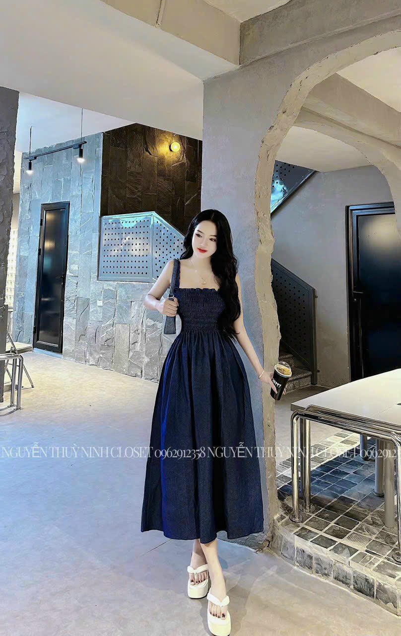 Đầm dự tiệc nữ dáng dài, hai dây, chạy mocking siêu xinh