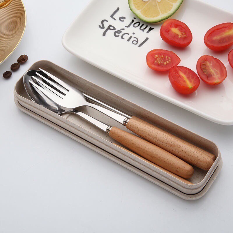 Bộ thìa, đũa, dĩa Inox kèm hộp lúa mạch