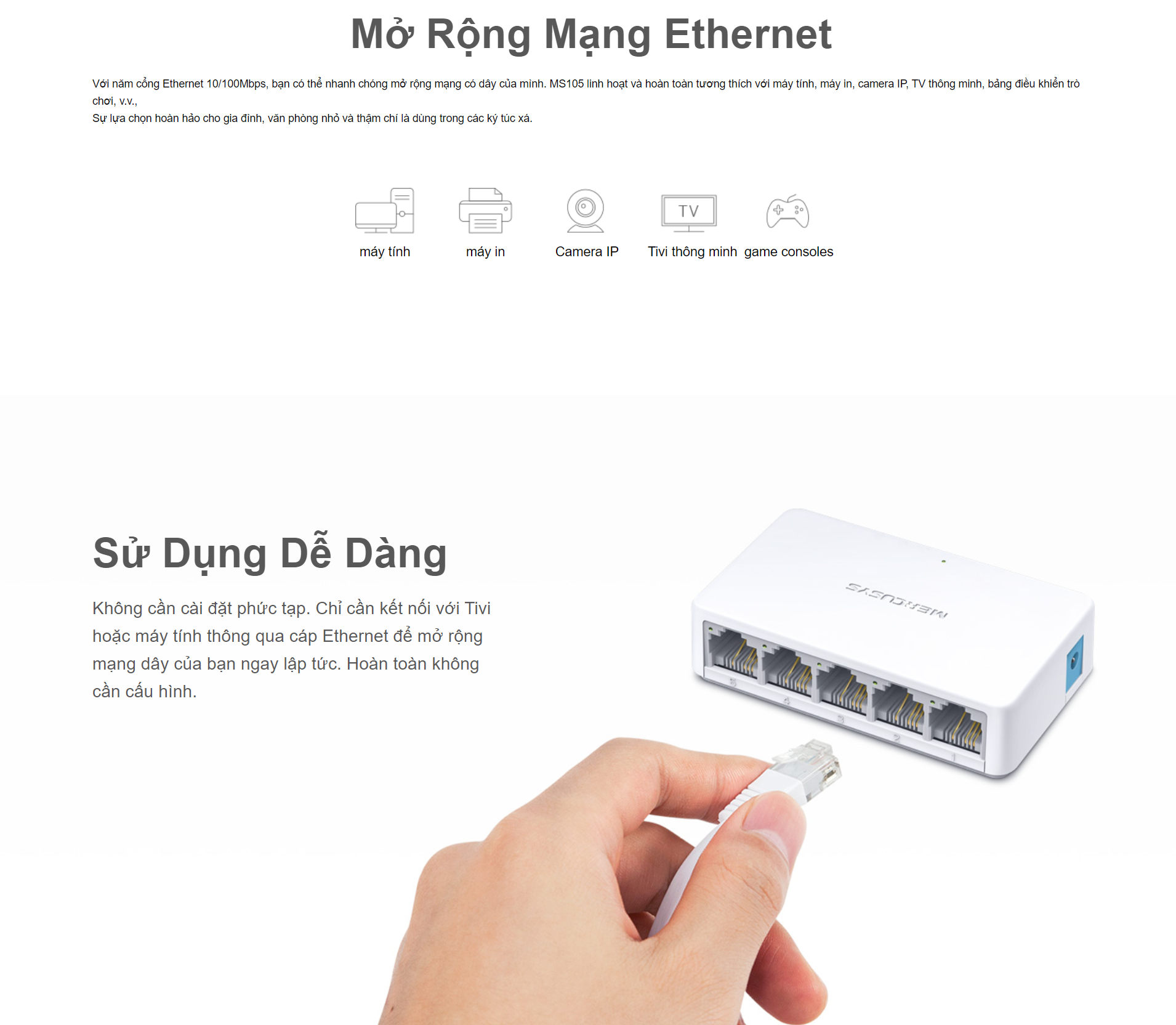 Bộ Chia Tín Hiệu Để Bàn Mercusys MS105 5 Cổng Switch Port 10/100Mbps