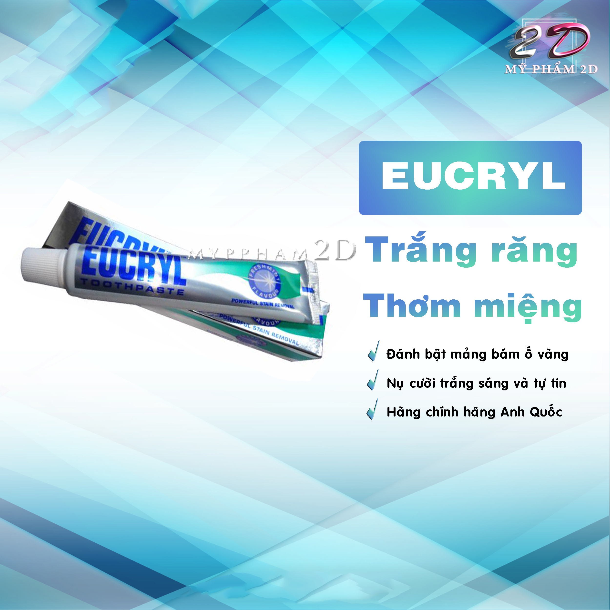 Kem đánh trắng răng Eucryl Freshmint Toothpaste Anh Quốc 62g [Đá dán răng 2D]
