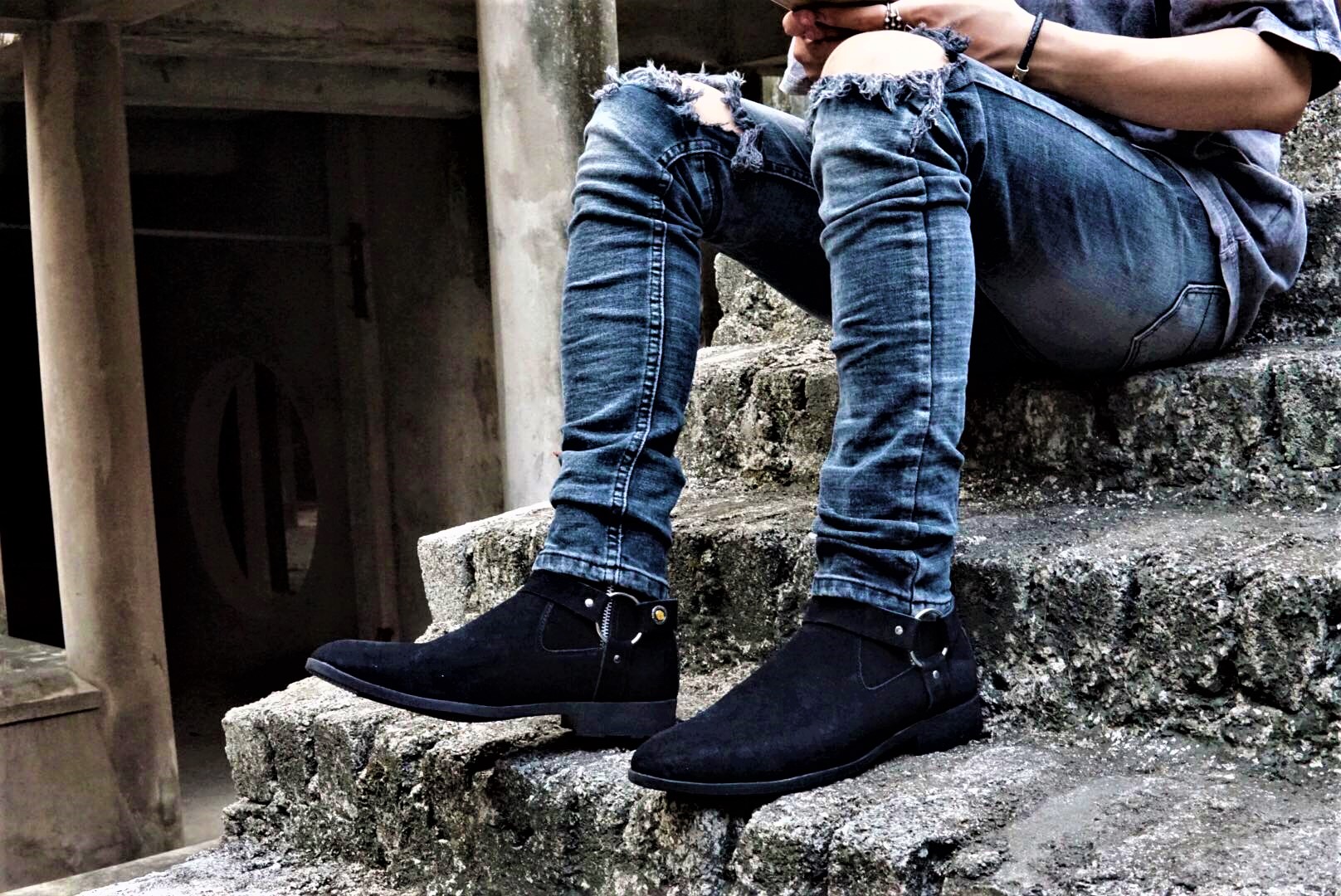 Giày Da Harness Boots Da bò Lộn Đế Cao Su Cao Cấp