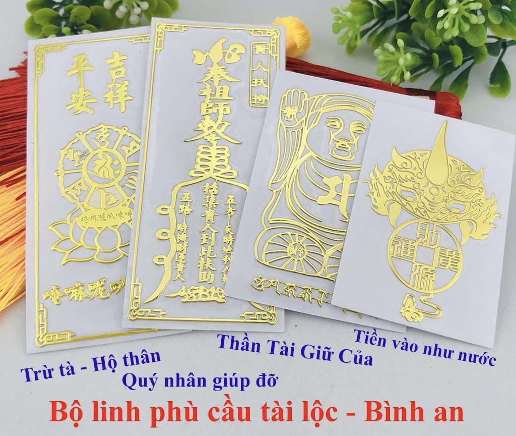 Bộ 4 linh phù cầu tài lộc bình an - miếng dán điện thoại tài lộc may mắn bình an - hình dán , linh phù dán điện thoại