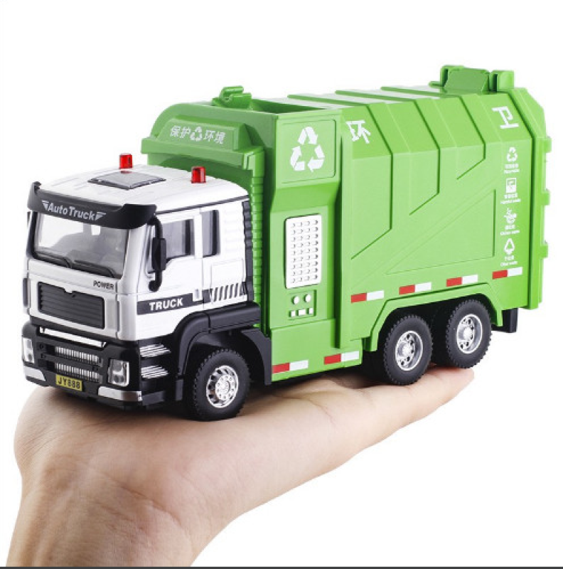 Mô hình xe rác, xe tải chở rác hợp kim kèm 4 thùng rác kích thước 17*5.3*8cm, có đèn và nhạc