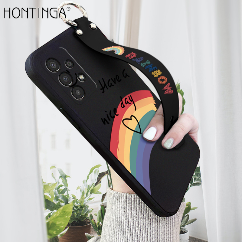 Hontinga Casing Case For Samsung Galaxy A13 Case Rainbow Smile Square Original Liquid Soft Silicone Edge Pattern Rubber Case Cover Camera Protection Cases Back Phone Casing Softcase For Girls