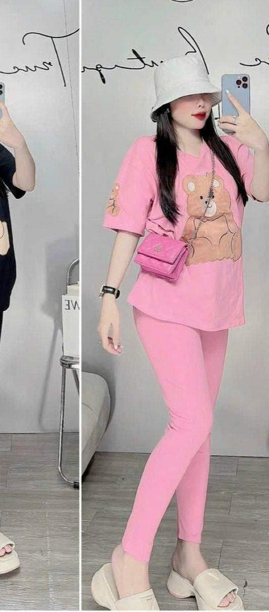 Đồ bộ thun dễ thương in gấu và quần legging dài, áo phông nữ rộng, set quần ôm dài mẫu mới mặc hè