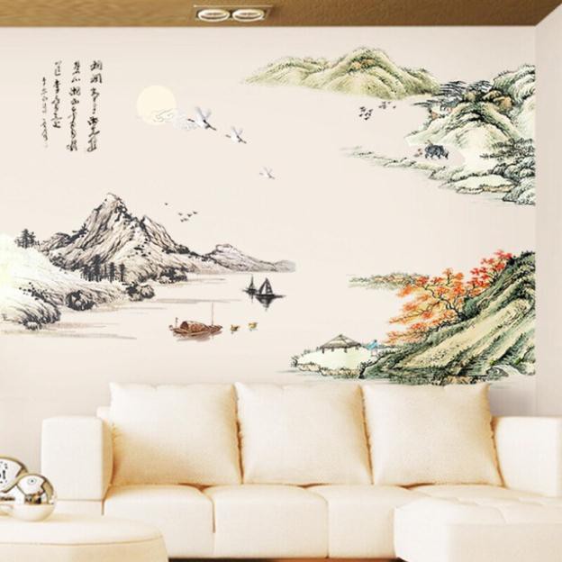 Decal dán tường 3D phong thủy núi đá - tranh dán tường tranh phong cảnh sông núi 3d trang trí nhà cửa siêu đẹp, sáng tạo, sang trọng