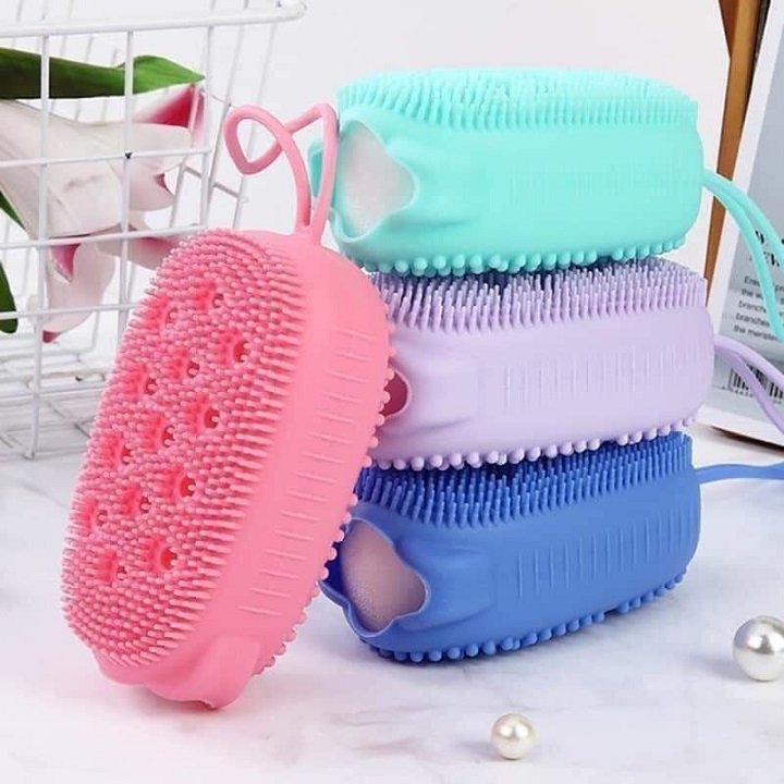 Bông tắm tạo bọt silicon kỳ ghét cọ lưng tẩy da chết kèm miếng bọt biển tạo bọt có móc treo tiện lợi