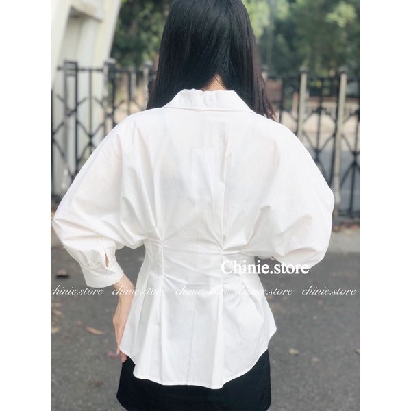 áo sơ mi nữ trắng công sở nhúm eo dáng xòe cá tính
